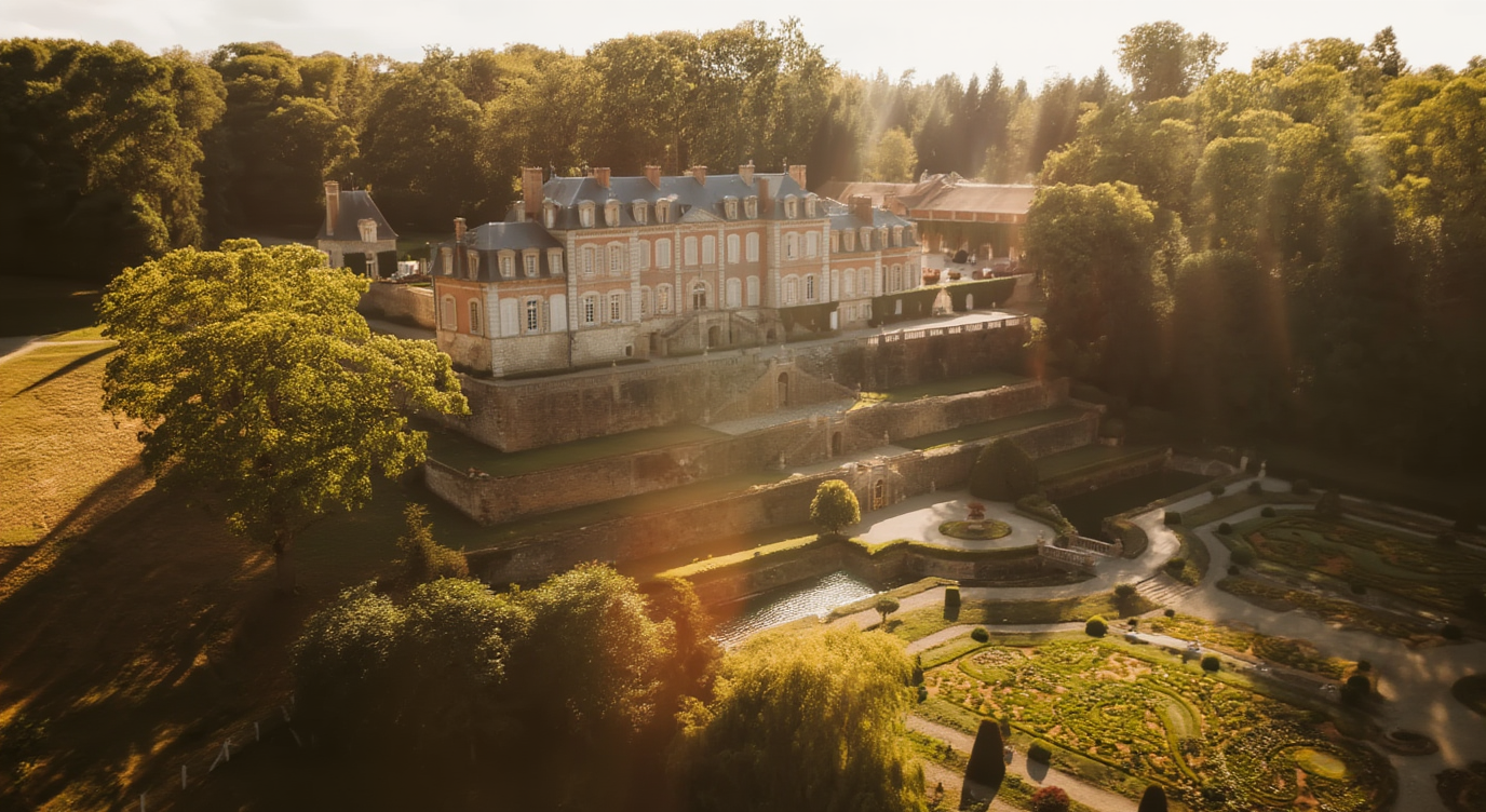 Vue aérienne du château et de ses jardins au soleil couchant